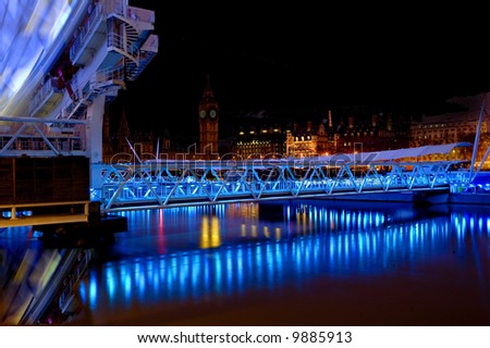 Night view of Londons House of Parliament from under the London Eye