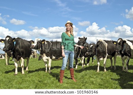 Dutch peasant woman with her cows in the countryside from the Netherlands