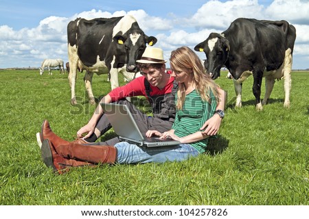 Young couple with laptop between the cows in the countryside from the Netherlands