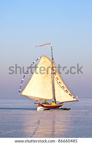Ice sailing on the Gouwzee in the Netherlands in winter