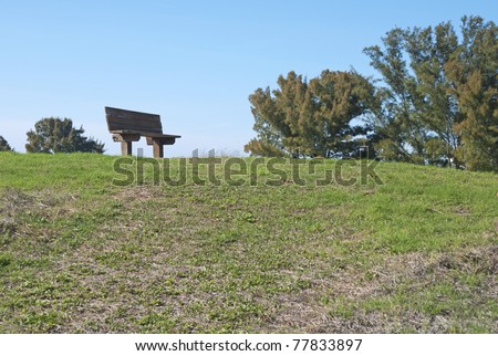 A wooden bench at the top of a little hill, at Bellair Beach, FL.