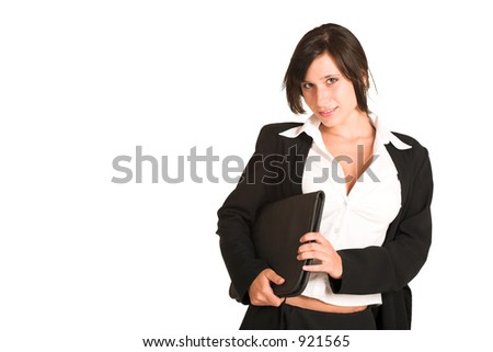 Business woman dressed in a pencil skirt and jacket.  Holding a file.  Copy space