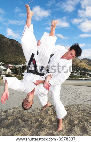 Young adult men with black belt practicing fighting on the beach on a sunny day – movement on extremities