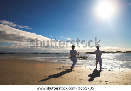 Young adult men with black belt practicing a Kata on the beach on a sunny day. Sunspots and flare from direct sunlight visible
