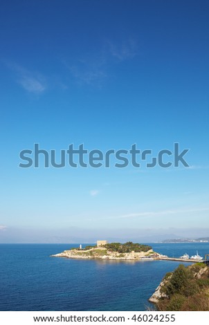 Pigeon Island Fortress, also known as the Pirates castle, in the Kusadasi harbor, on the Aegean coast of Turkey.