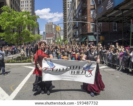 New York, NY, USA - May 17, 2014: Memebers of Manhattan Tribal American Tribal Style Belly Dance group perform at The 8th Annual New York City Dance Parade and Festival