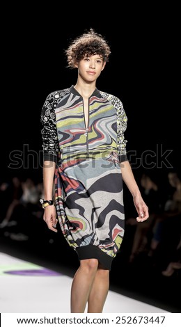 New York, NY, USA - February 12, 2015: A model walks runway for Desigual Fall 2015 Runway show during Mercedes-Benz Fashion Week New York at the Theatre at Lincoln Center, Manhattan