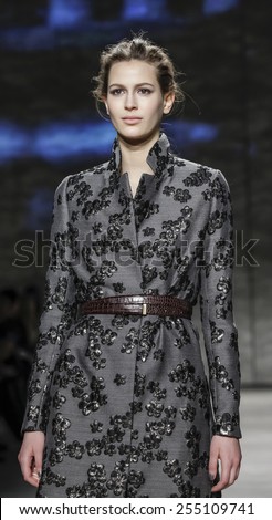 New York, NY, USA - February 17, 2015: A model walks runway for Lela Rose Fall 2015 Runway show during Mercedes-Benz Fashion Week New York at the Pavilion at Lincoln Center, Manhattan