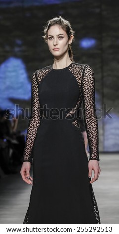 New York, NY, USA - February 17, 2015: A model walks runway for Lela Rose Fall 2015 Runway show during Mercedes-Benz Fashion Week New York at the Pavilion at Lincoln Center, Manhattan