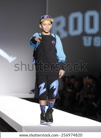 New York, NY, USA - February 12, 2015: A model walks the runway at the Nike Levi\'s Kids Rock runway show during Mercedes-Benz Fashion Week Fall 2015 at The Salon at Lincoln Center, Manhattan
