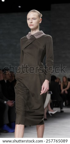 New York, NY, USA - February 14, 2015: A model walks runway for Son Jung Wan Fall 2015 Runway show during Mercedes-Benz Fashion Week New York at the Pavilion at Lincoln Center, Manhattan