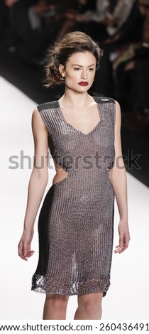 New York, NY, USA - February 19, 2015: Model walks the runway for House of Li Jon Fall 2015 collection at the Art Hearts Fashion Presented By AHF during MBFW at The Theatre at Lincoln Center
