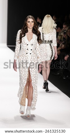 New York, NY, USA - February 19, 2015: Model walks runway for Mimi Tran Fall 2015 collection at Art Hearts Fashion Presented By AHF during Mercedes-Benz Fashion Week at The Theatre at Lincoln Center