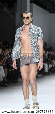 New York, NY, USA - July 16, 2015: A model walks runway at the Parke & Ronen Runway show during New York Fashion Week: Men\'s S/S 2016 at Skylight Clarkson Sq, Manhattan