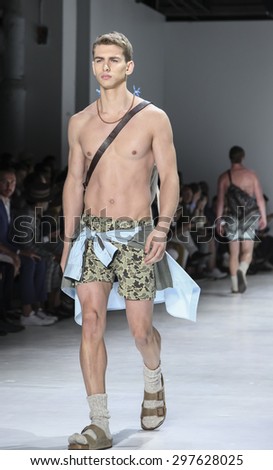 New York, NY, USA - July 16, 2015: A model walks runway at the Parke & Ronen Runway show during New York Fashion Week: Men's S/S 2016 at Skylight Clarkson Sq, Manhattan