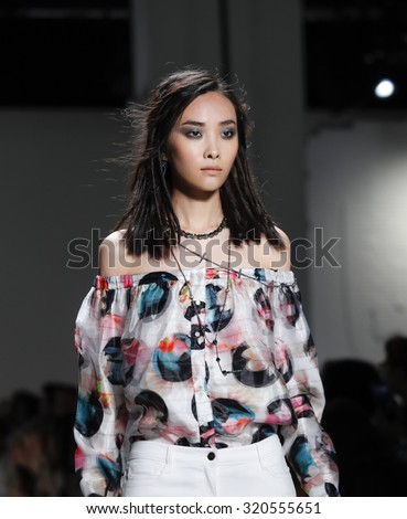 New York, NY, USA - September 11, 2015: A model walks the runway at Nicole Miller runway show during of Spring 2016 New York Fashion Week at The Gallery, Skylight Clarkson Sq., Manhattan.