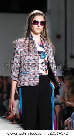 New York, NY, USA - September 11, 2015: A model walks the runway at Nicole Miller runway show during of Spring 2016 New York Fashion Week at The Gallery, Skylight Clarkson Sq., Manhattan.