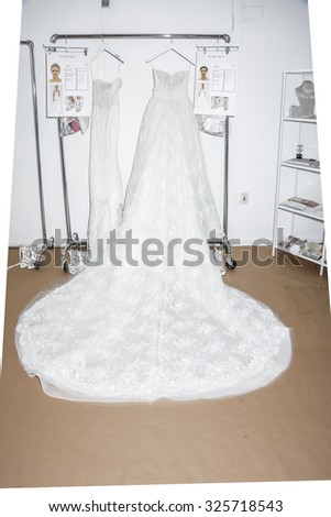 New York, NY, USA - October 8, 2015: A wedding dress prepared on backstage for Marchesa Fall/Winter 2016 Bridal Presentation at Canoe Studio, Manhattan