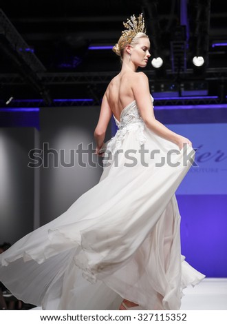New York, NY, USA - October 11, 2015: A model walks runway for Israel Bridal couturier Ester 2016 Bridal Collection during New York International Bridal Week at the Fashion Theater, Pier 94, Manhattan