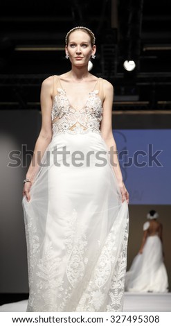 New York, NY, USA - October 11, 2015: A model walks runway for Israel Bridal couturier Solo Merav 2016 Bridal Collection during New York International Bridal Week at the Fashion Theater, Pier 94.