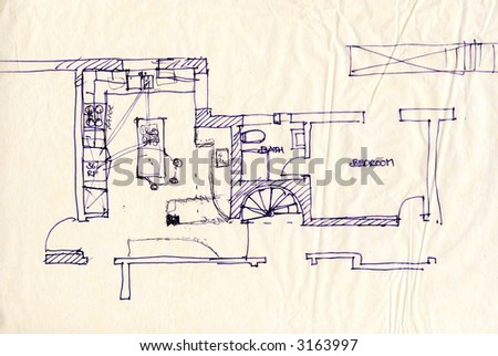 Hand drawing of floor plan for apartment.