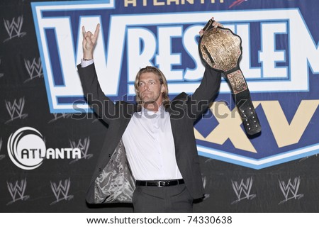 NEW YORK, NY - MARCH 30: Word Heavyweight Champion Edge attends the WrestleMania XXVII press conference at Hard Rock Cafe New York on March 30, 2011 in New York City.