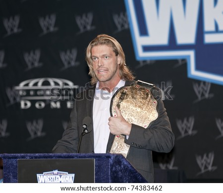NEW YORK, NY - MARCH 30: World Heavyweight Wrestling Champion Edge attends the WrestleMania XXVII press conference at Hard Rock Cafe New York on March 30, 2011 in New York City.