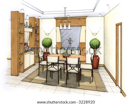 An artist\'s simple sketch of an interior design of a dining room (design and sketch by submitter)