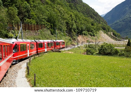 Swiss mountain train Bernina Express  crossed Alps via Bernina Pass
