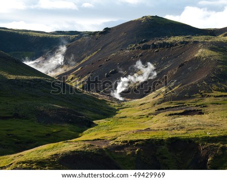 steaming river, black lava mountains and sheep in the valley Reykjadalur in Iceland