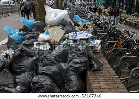 AMSTERDAM, THE NETHERLANDS - MAY 15: Garbage pile up during the week long workers strike that ended today May 15, 2010, in Amsterdam, The Natherlands