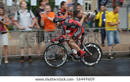 ROTTERDAM, THE NETHERLANDS - JULY 3: Cadel Evans participates in the 2010 Tour de France prologue time trial. July 3, 2010 in Rotterdam, The Netherlands