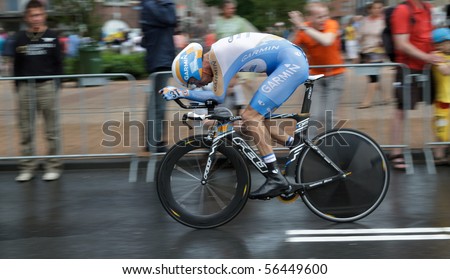 ROTTERDAM, THE NETHERLANDS - JULY 3: David Millar on his way to a third position in the 2010 Tour de France prologue time trial. July 3, 2010 in Rotterdam, The Netherlands
