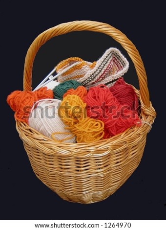 Knitting basket with balls of yarn and needlework