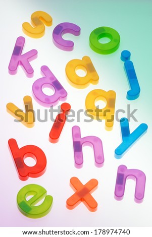 Fridge magnets scattered on a colored background. Lower case letters.