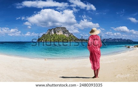 Similar – Image, Stock Photo Woman with pink pareo on sandy beach