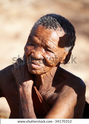 NAMIBIA- MAY 6: Bushman elderly woman May 6, 2007 in Namibia, Kalahari Desert. Bushmen are an indigenous people of southern Africa that living in Namibia, Botswana and some another countries