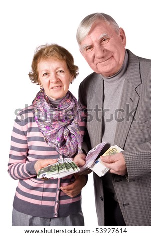 Elderly married couple with money in hands. Isolated on a White Background