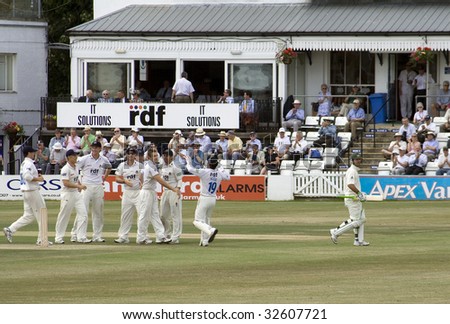 HOVE, ENGLAND - JUNE 24: The Australians take on Sussex County Cricket Club in the four-day Ashes tour warm-up match June 24 2009 at the county ground Hove, England. Sussex celebrate Ponting\'s wicket.