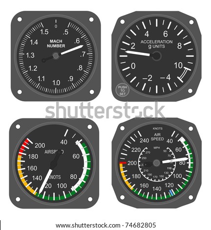 Set Of Aircraft Instruments - Airspeed Indicators, Mach Number ...