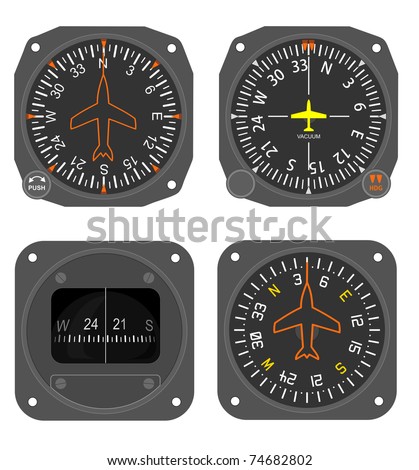 Set Of Aircraft Instruments - Two Compasses And Two Heading Indicators ...