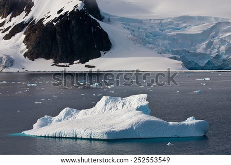 Small sparkling iceberg in Antarctic rocky coast covered with snow and ice