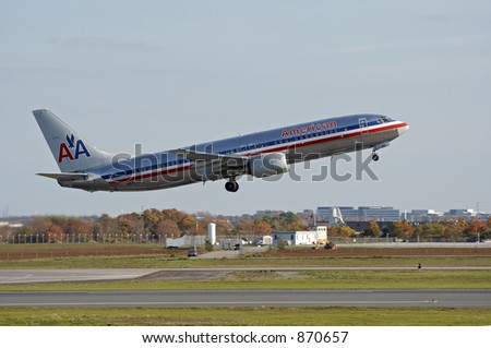 An American airlines plance taking off from Toronto\'s Pearson International Airport.