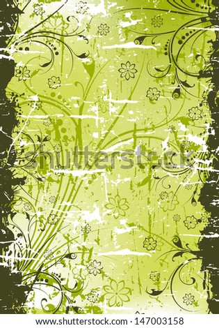 Abstract grunge background with floral scrolls in green color