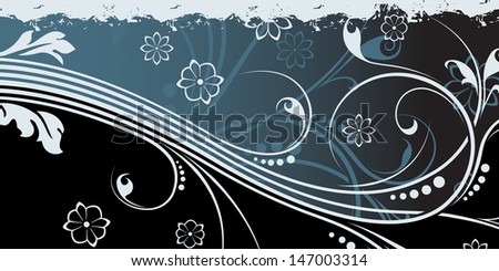 Abstract grunge background with floral scrolls in blue color