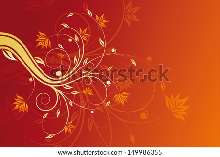 Abstract painted background with floral scroll in hot red