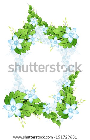 frame with blue spring flowers and leaves