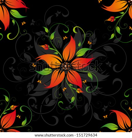 Abstract black pattern with flowers and butterflies