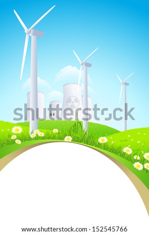 Green Landscape with Grass, Flowers, Windmills and Nuclear Power Plant