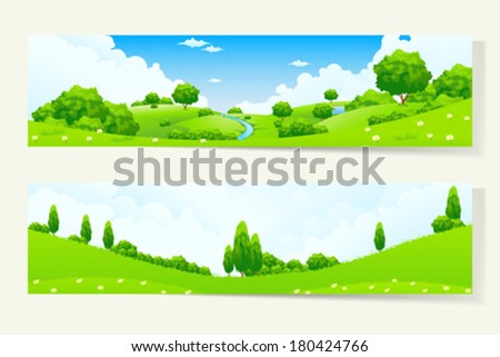 Two Green Horizontal Banners with Nature Landscape
